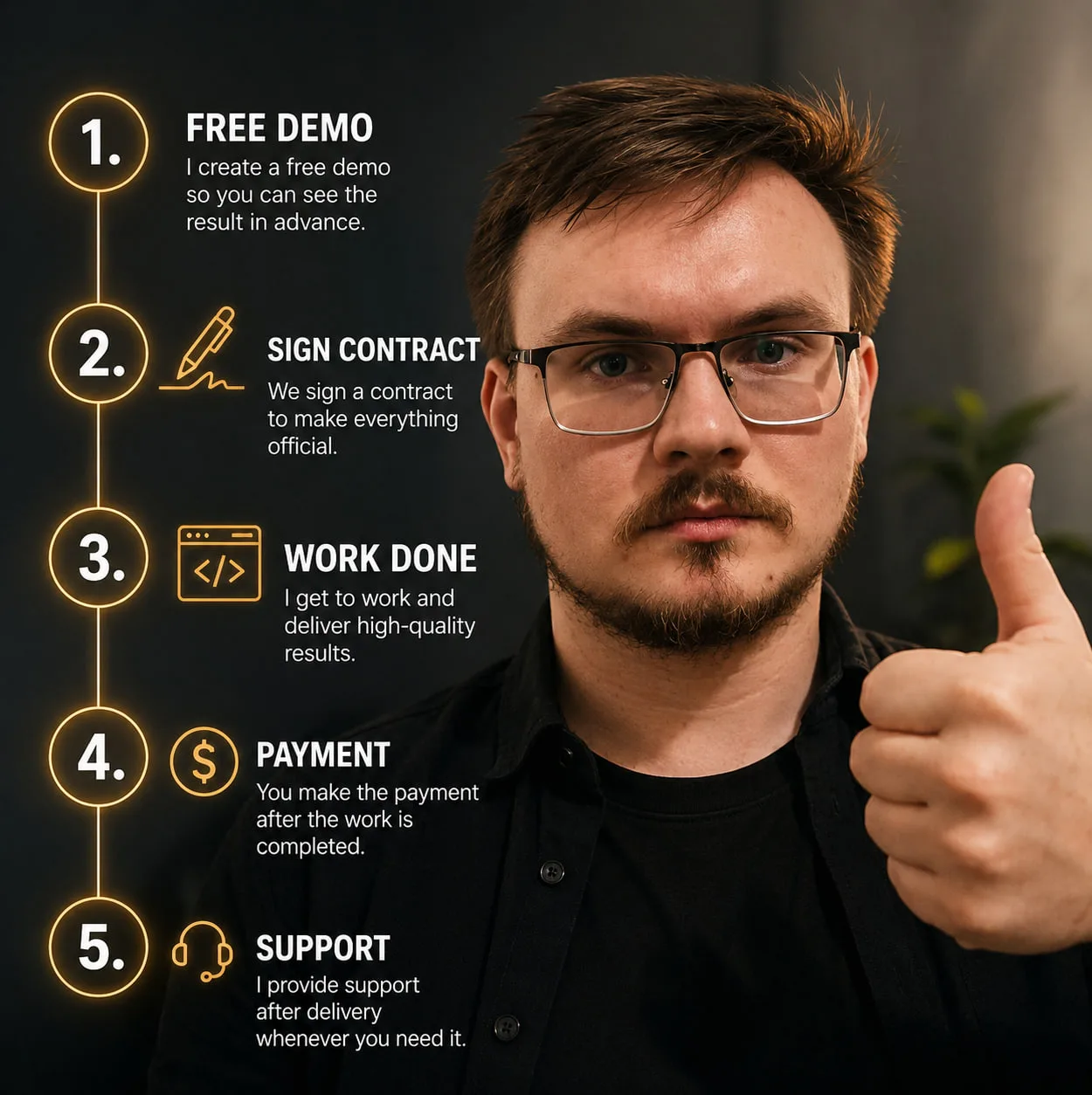 Portrait of the developer giving a thumbs up beside the five steps of working together: free demo, signed contract, the work itself, payment after completion, and ongoing support